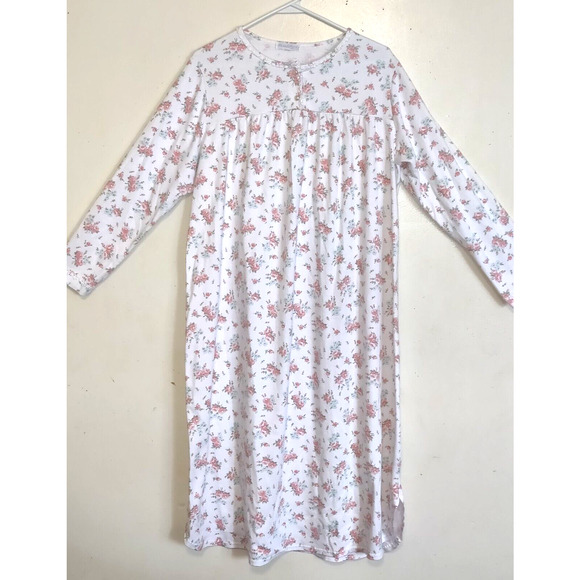 VTG Miss Elaine Flannel Nightgown MADE IN USA White w/ Flowers SIZE LARGE L - Picture 1 of 16